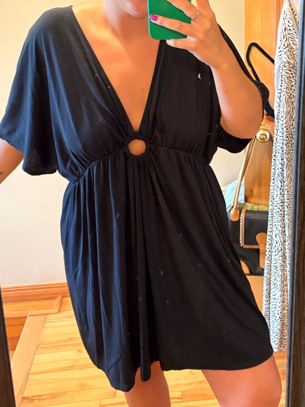 Black V-Neck Swim Cover-Up with Center Ring